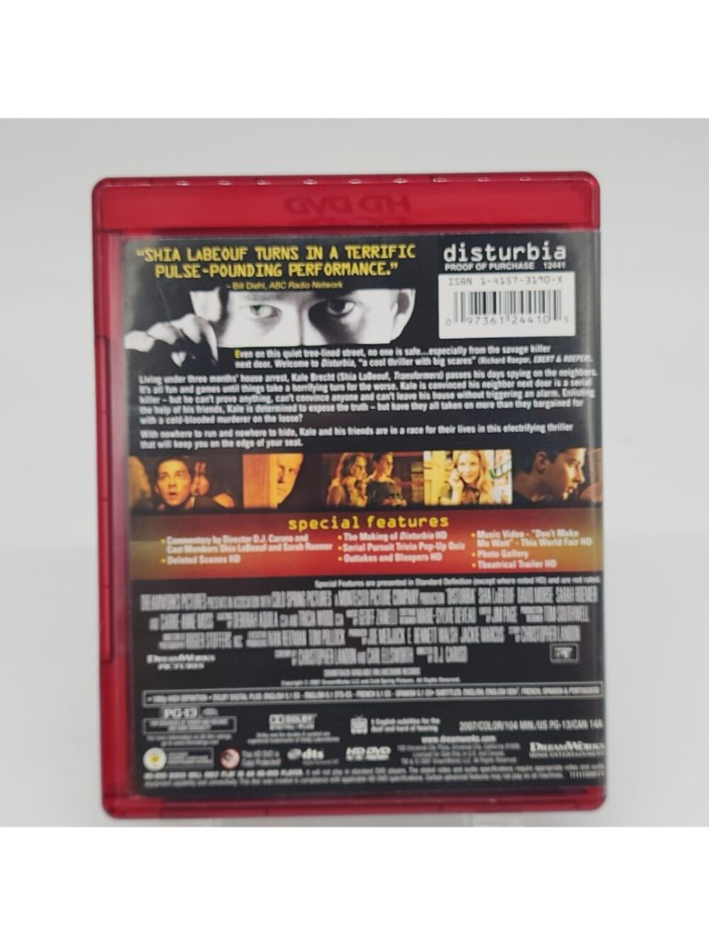 Disturbia HD DVD Movie Thriller Starring Shia LaBeouf In Red Case With Disc - Picture 2 of 3